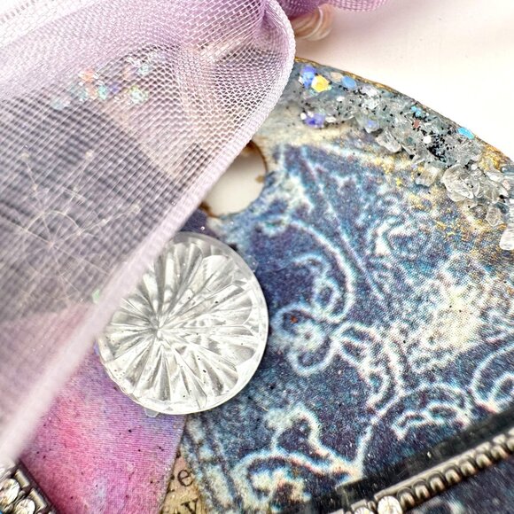 Handcrafted Ornament OOAK Collage Bird Gold & Blue Accents 3" Ribbon - Picture 7 of 10